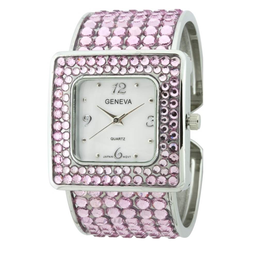 Geneva Silver-Tone Square Face Pink Round Stone Women's Fancy Cuff Watch